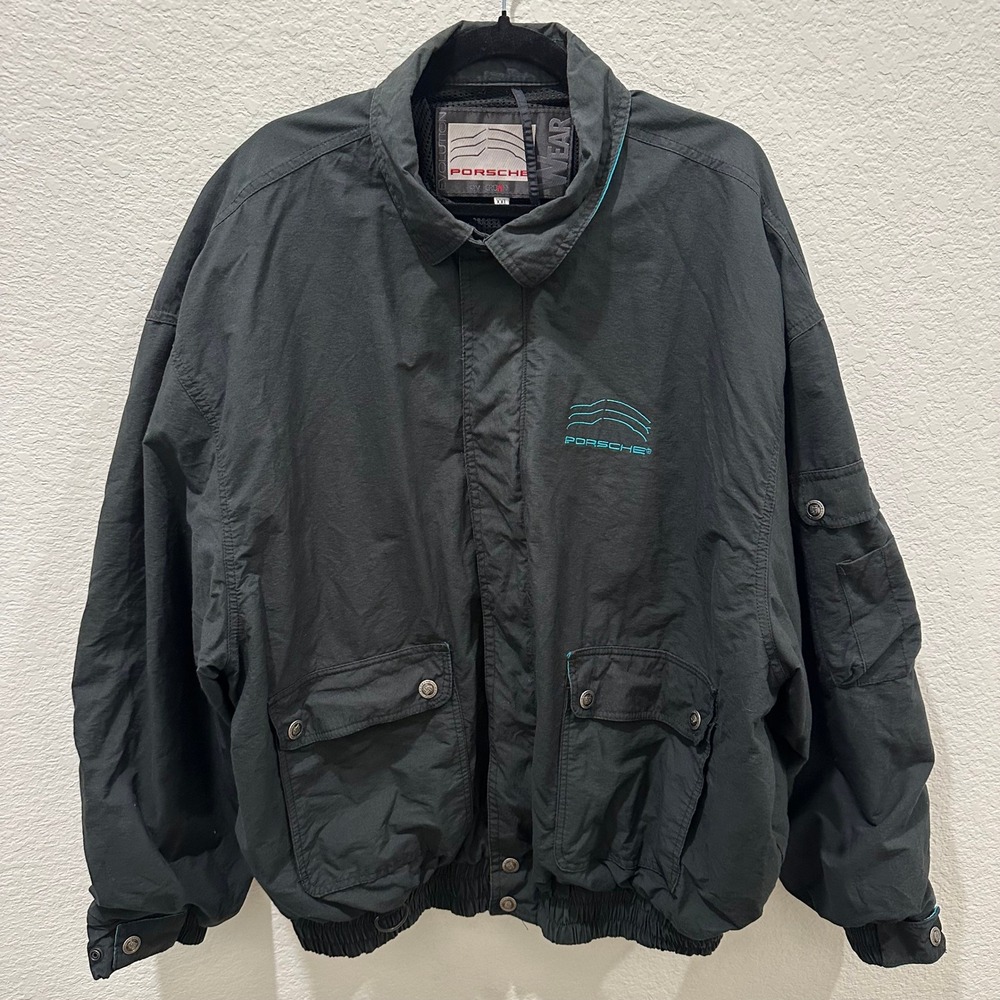 Vintage Porsche Evolution Wear Bomber Jacket Black Teal Racing Mens XXL